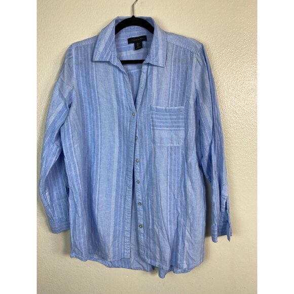 Tahari Linen Blend Blue Striped Button Up Long Sleeve Top Women Large lagenlook - Picture 1 of 14